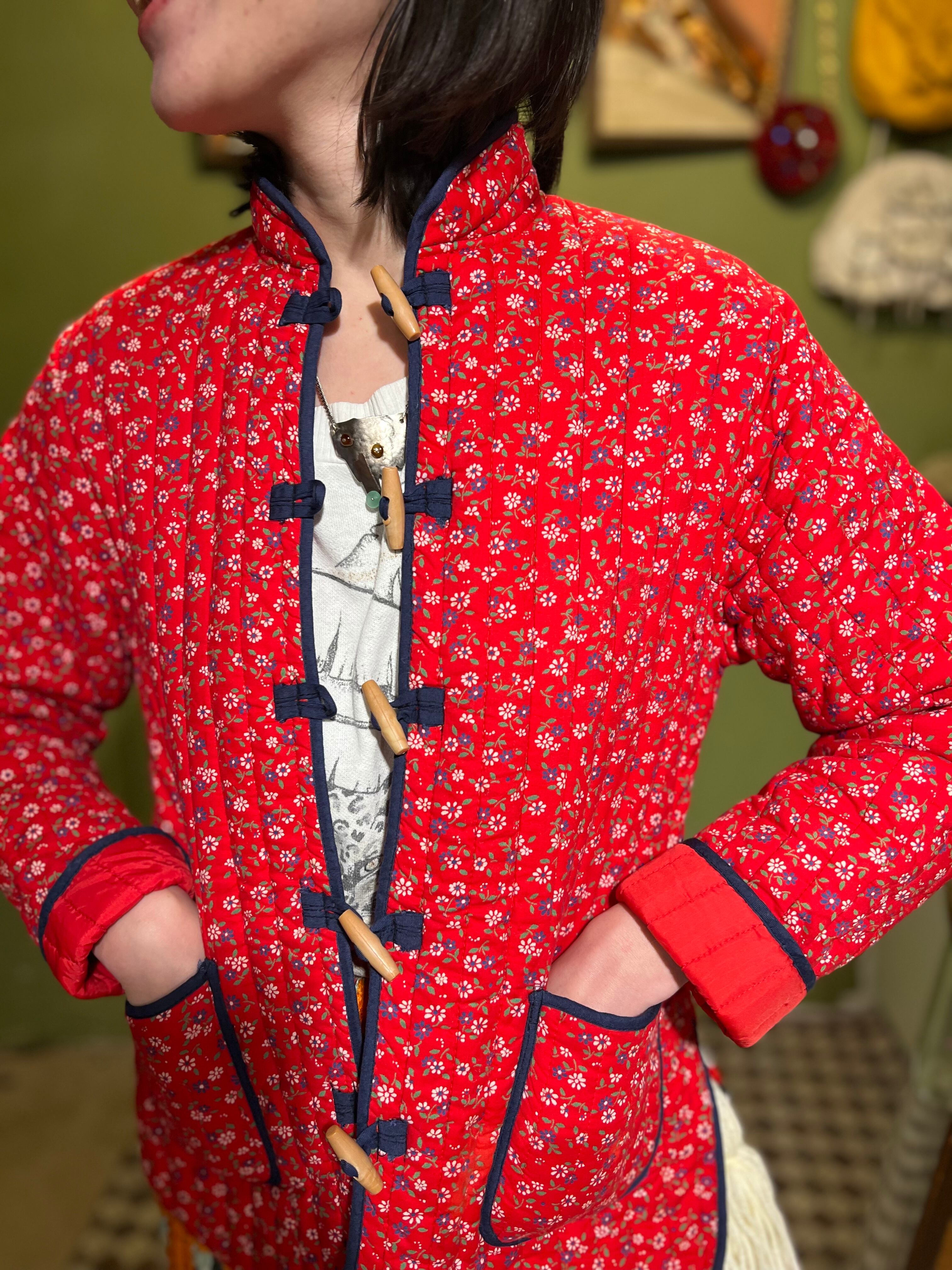60-70s red × navy floral quilting jacket ( ヴィンテージ