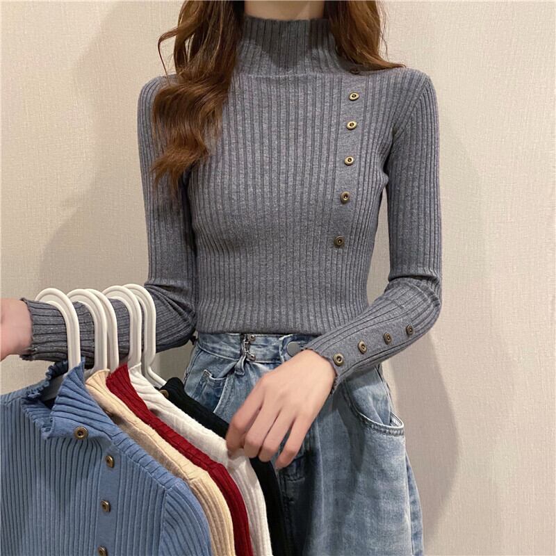 ブラックカラーシャツ オータムウィンタースリムトップス ニットセーター ロング 秋物 冬物 1号婦人85280874867