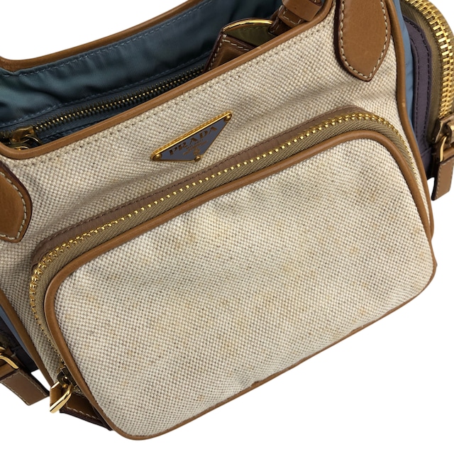 PRADA プラダ トートバッグ ベージュ ブルー トライアングルロゴ キャンバス マルチポケット vintage ヴィンテージ オールド fkki3a