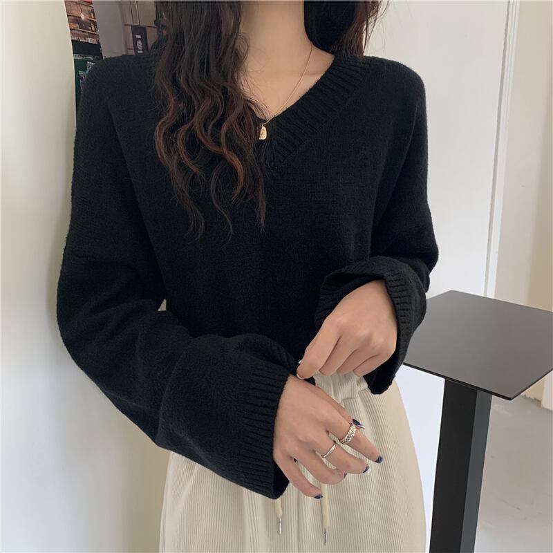Vネックセーター スプリングオータムスタイルルーズブラックシャツ トップス ロング 春物 秋物 1号婦人49630432883