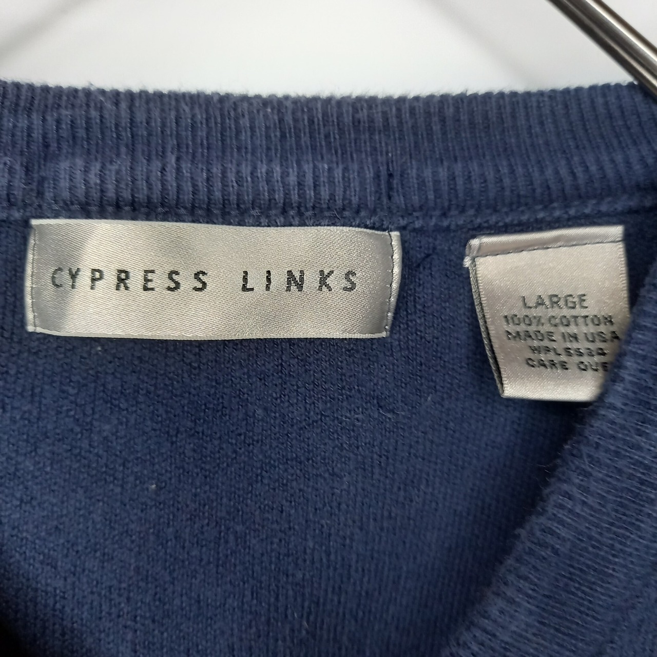 90s　アメリカ製　CYPRESS LINKS　Vネック　コットンニット　スウェット　無地　中厚手　ネイビー　L