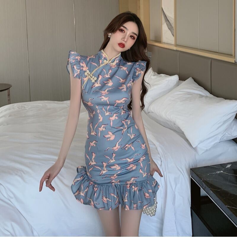 サマースタンダードプリント柄スリムドレス レトロ 夏物 ハンチェンe40625930372