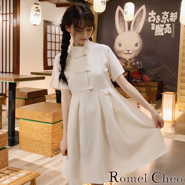 Romelcheo チャイナボタンフレアワンピ ワンピース 膝上丈 ミニワンピ レディース 半袖 チャイナドレス チャイナ服 華ロリ 原宿系 ゆめかわ かわいい ガーリー 中華風 普段着 青文字系 ファッション 森ガール ロメルチェオ Romelcheo