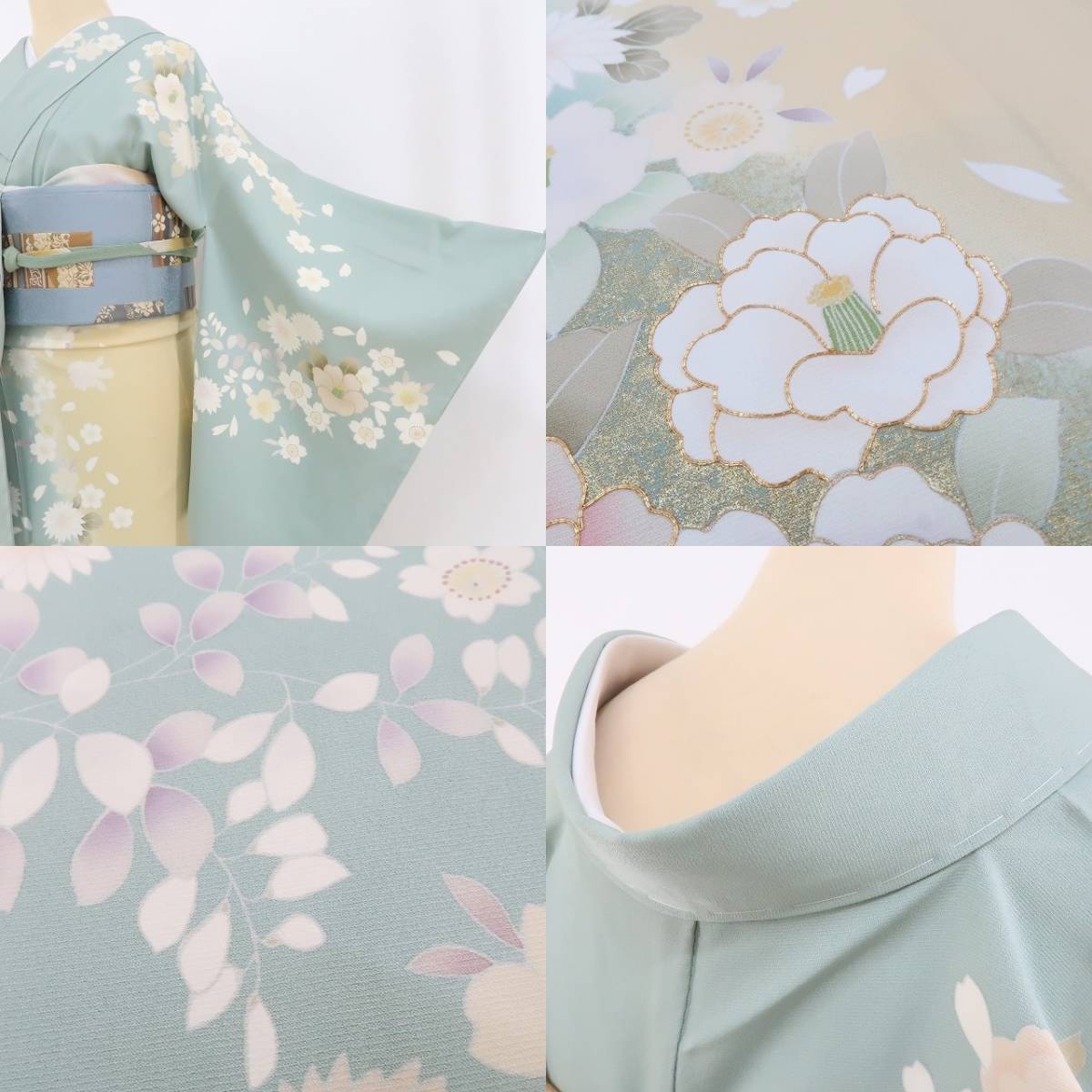 新品 金駒刺繍 着物 正絹 仕付け糸付“錆青磁色の春空を花道と成す桜や