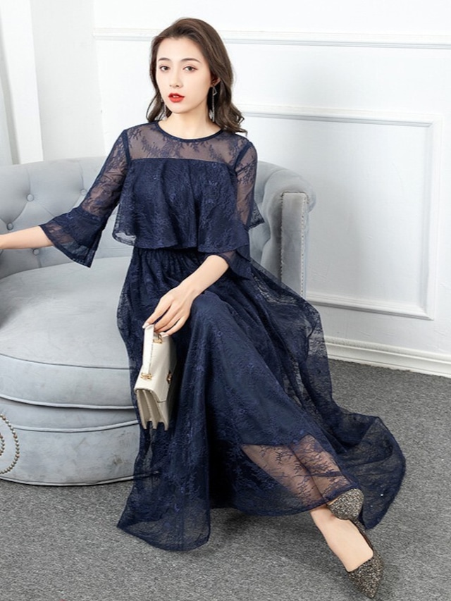 ミッドナイトレース ベルスリーブロングドレス