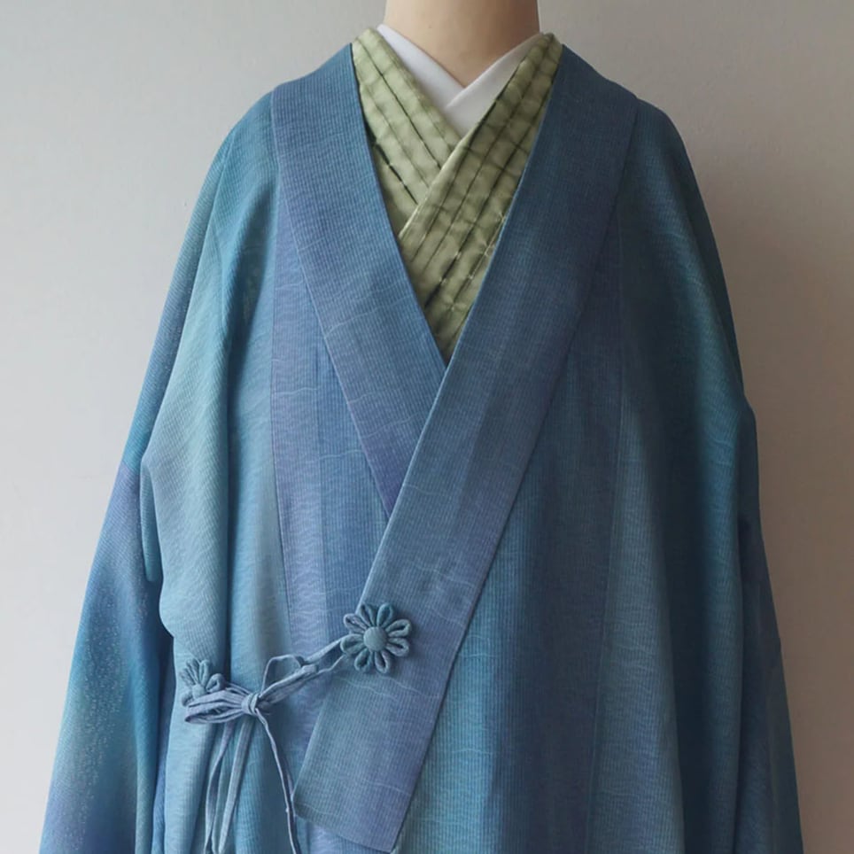 【薄物コート】青緑系暈し 波地紋 紗道中着
