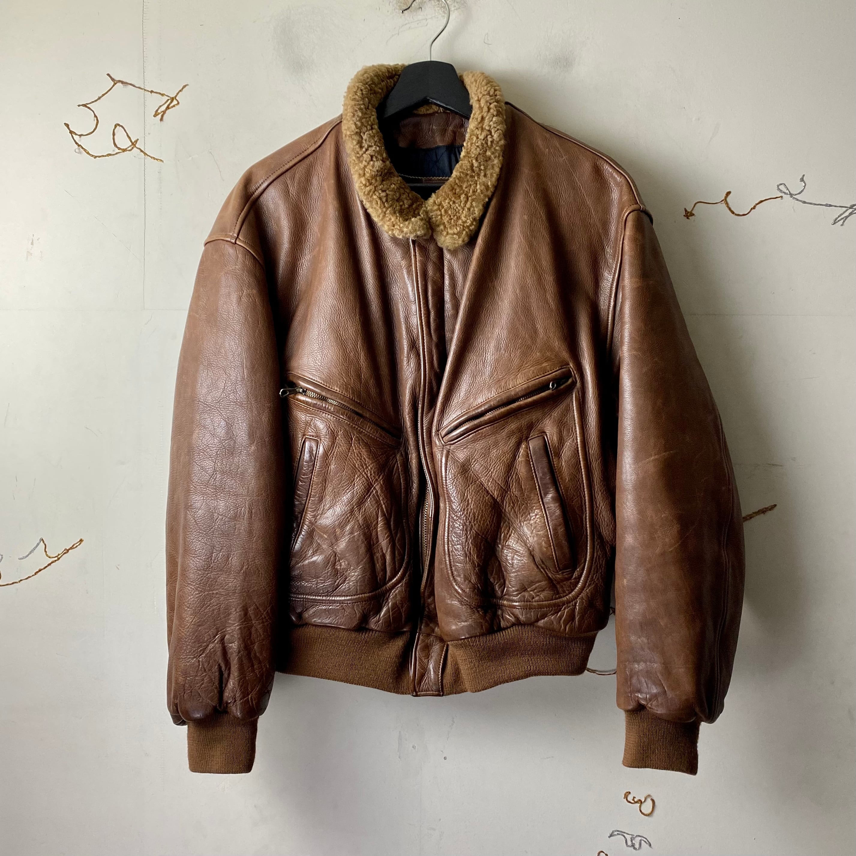 vintage EMPORIO ARMANI brown leather riders jacket with boa collar 