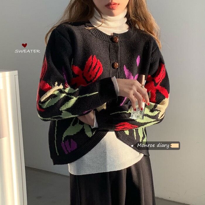 オータムウィンタースタンダードスタイルFlowerデザイン カーディガンセーター レトロ エレガント 秋物 冬物 フラワーデザイン ステッチ モンロー3849286018