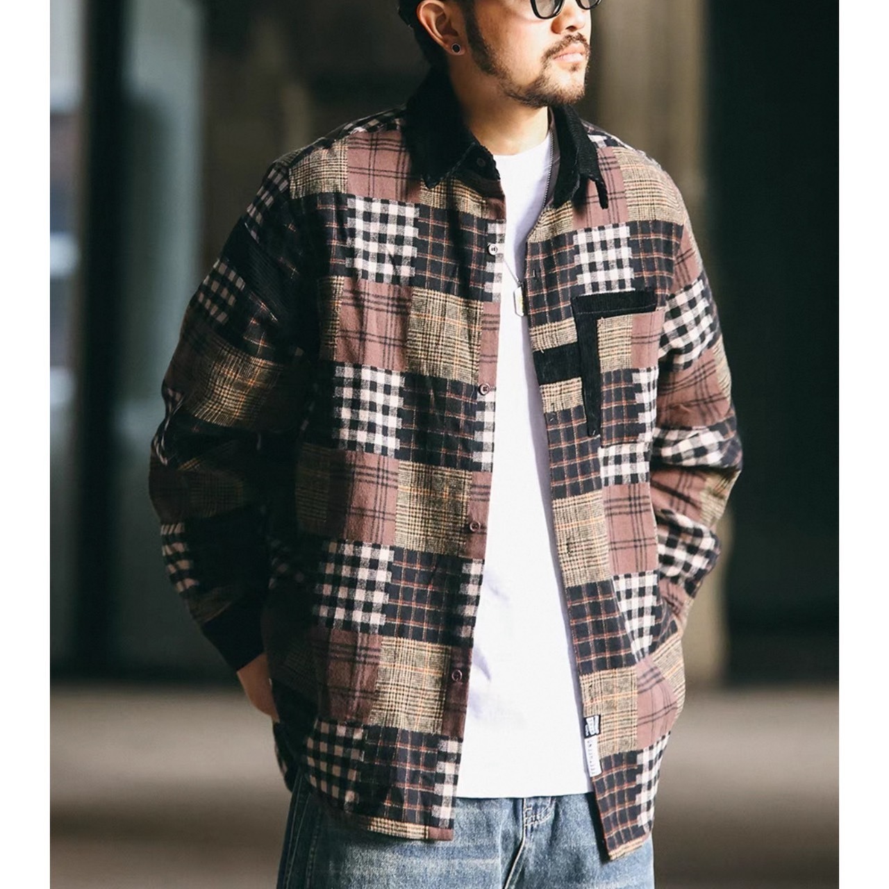 Retro plaid patchwork shirt 0505 - 6