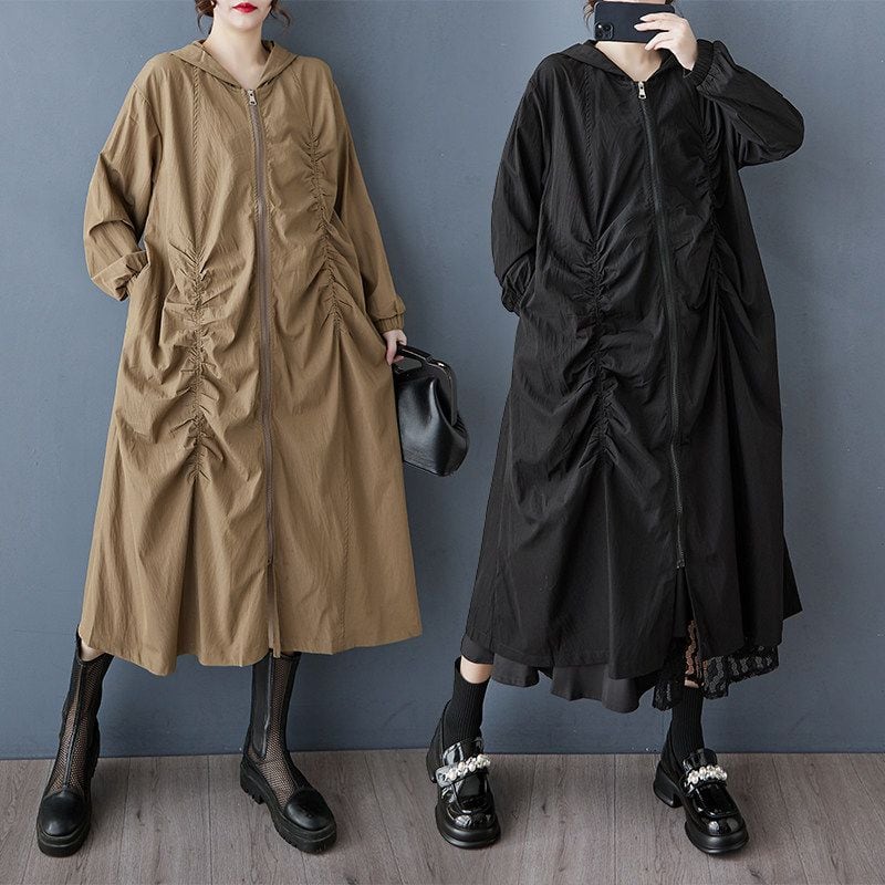 RUCHED ZIPPER LONG SLEEVE MIDI COAT M-18126