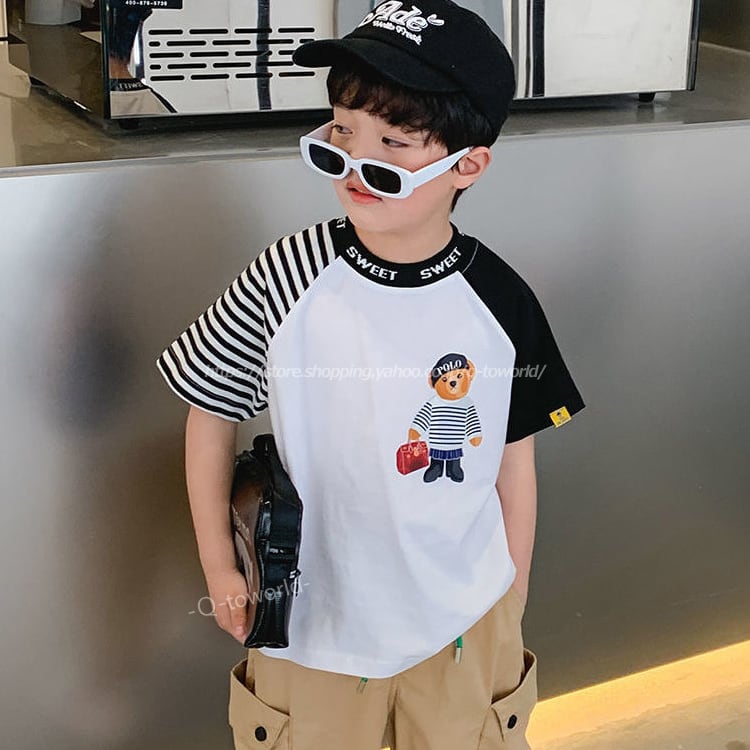 90㎝-150㎝】切替 トップス クマ ボーダー Tシャツ キッズ カジュアル 