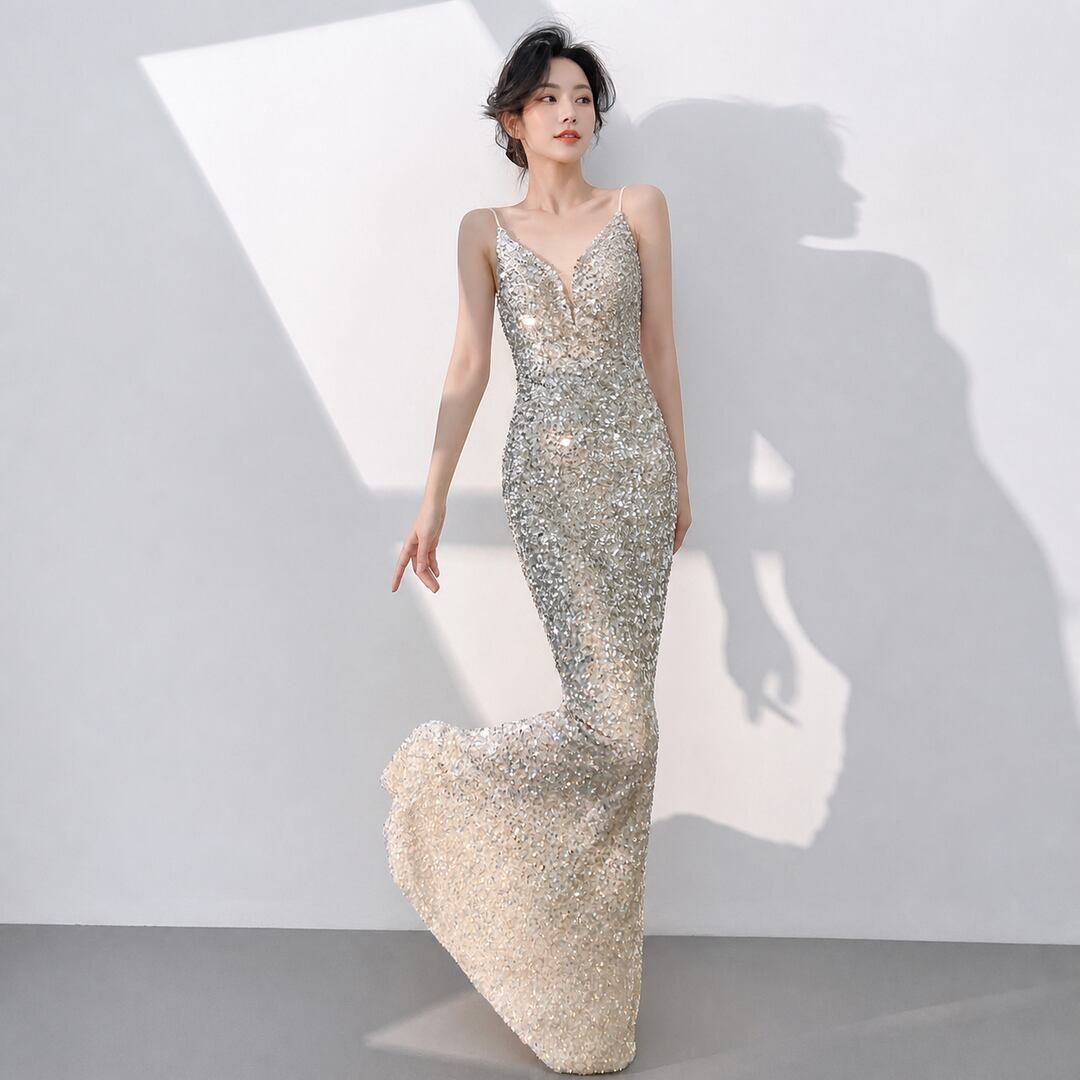 Sequin-Decorated Mermaid Long Dress (3color) V3489