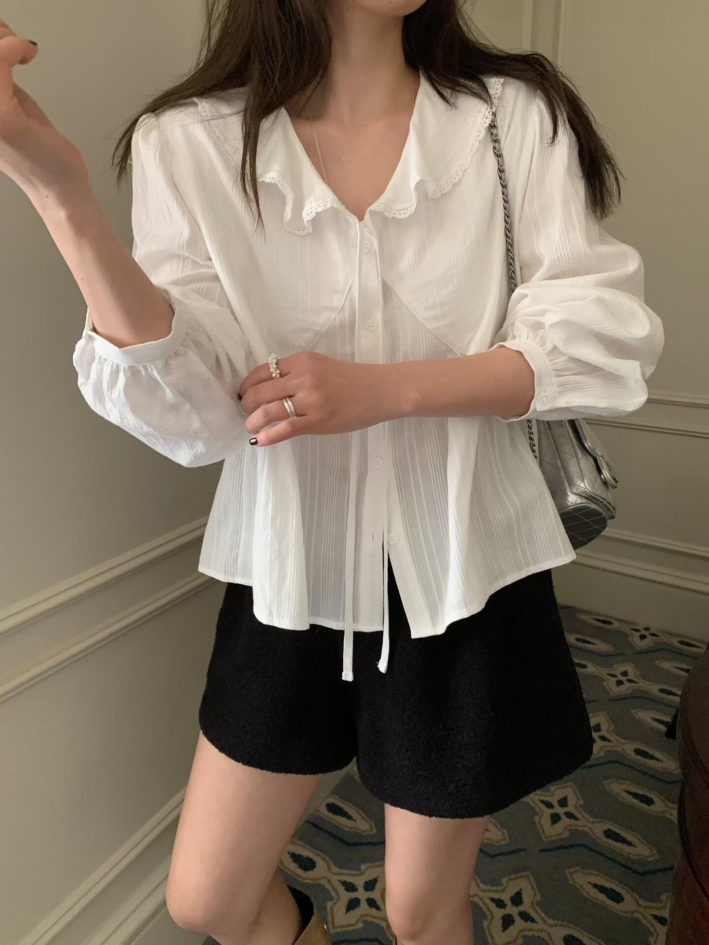 (予約)mellounge / Frill shirred blouse