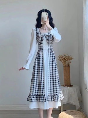 黒白 レイヤード風 チェック柄お姫様ワンピース