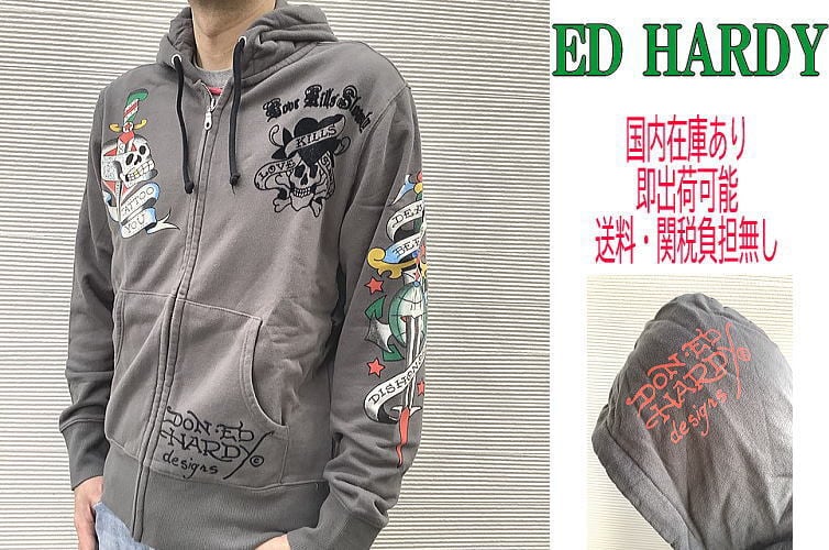 送料無料】ED HARDY(エドハーディー)Flocked Zip Up Hoodie LOVE KILLS