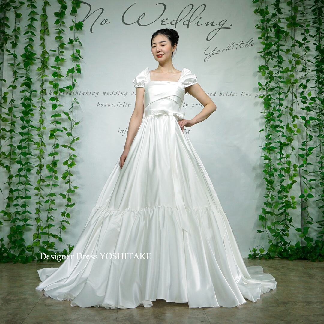 パフスリーブaラインウエディングドレス パニエ付 リボン 結婚式 挙式 フォト婚 ウエディングドレス アールデコ R Deco