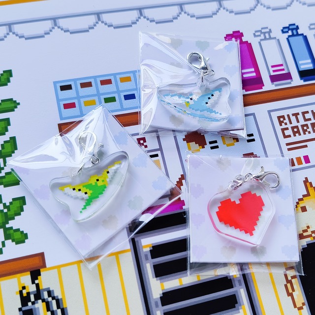 チャーム 美容室ビーズ・M ピーターちゃん マリちゃん ハート インコ アクリルチャームドット絵