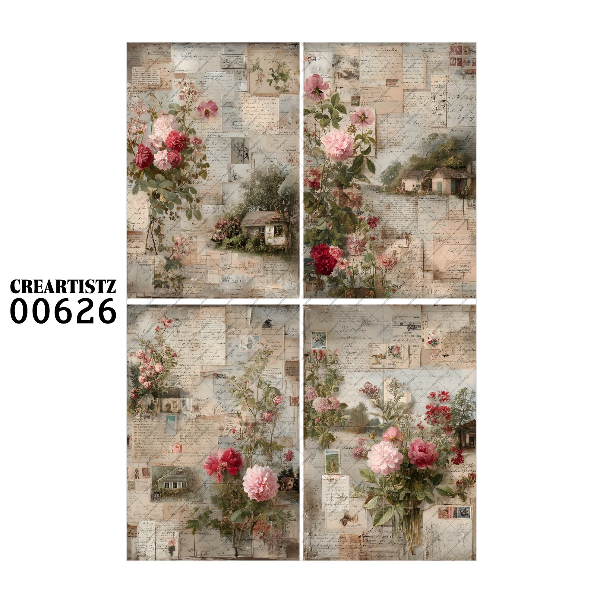00626 背景 コラージュ素材 オリジナル 12枚セット (4種類×3枚) ペーパー/ステッカー CREARTISTZ