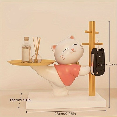猫の小物入れ 小物トレイ ネコ ＜ゴールド・ピンク＞鍵収納 金属トレイ収納 小物収納 玄関収納 卓上置物 動物像 彫刻装飾 玄関 べットサイト