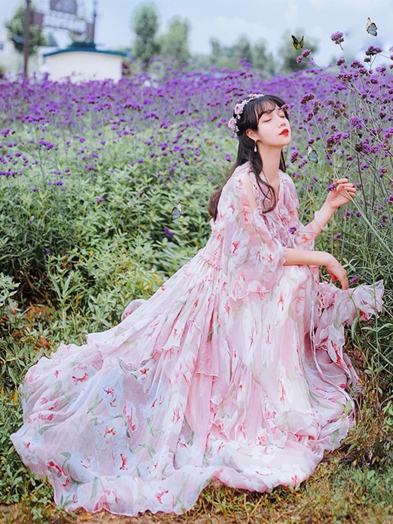 【0062】Pink Flower Chiffon Frill Short Sleeve Dress