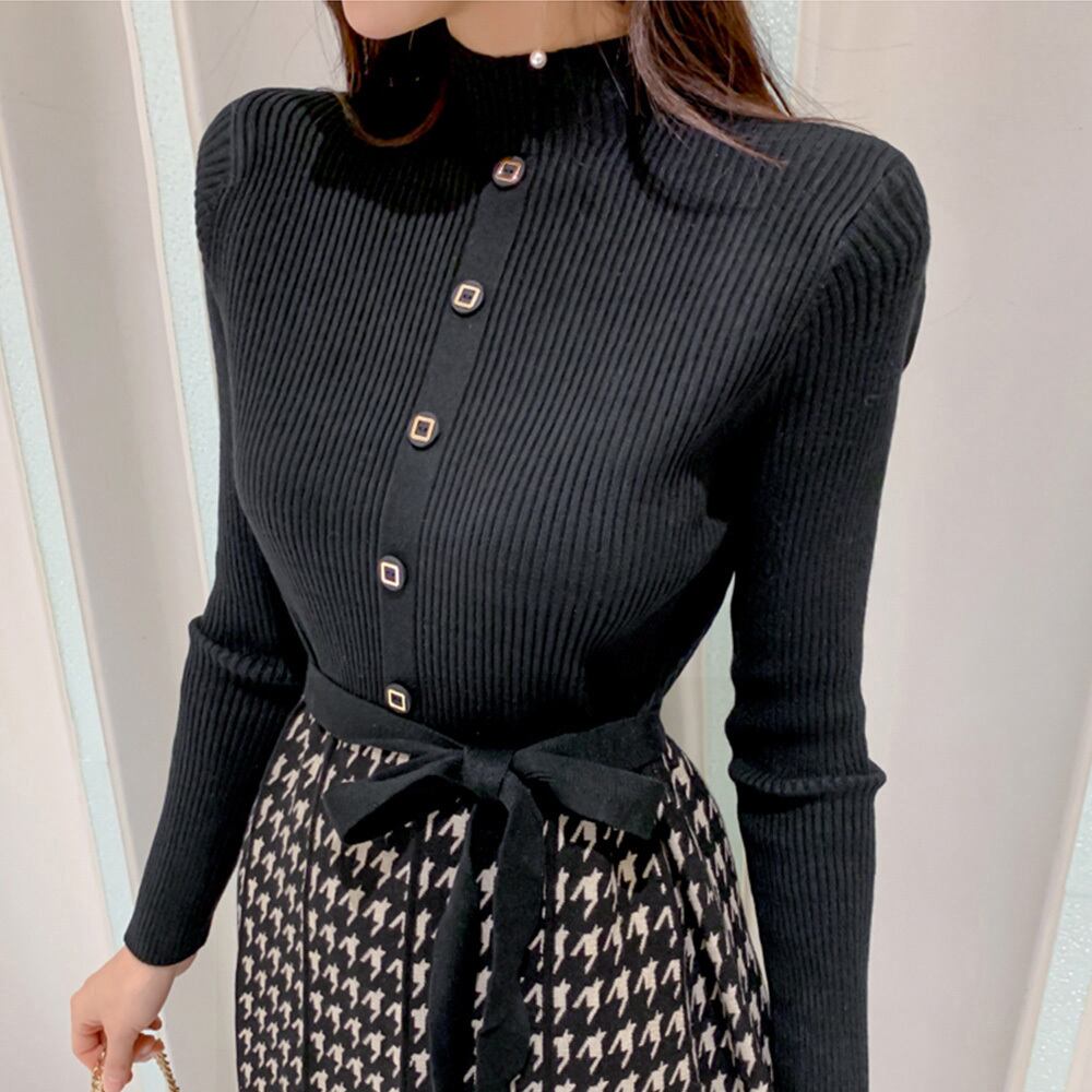 ニット ワンピース 長袖 千鳥格子柄 レディース 秋冬 韓国