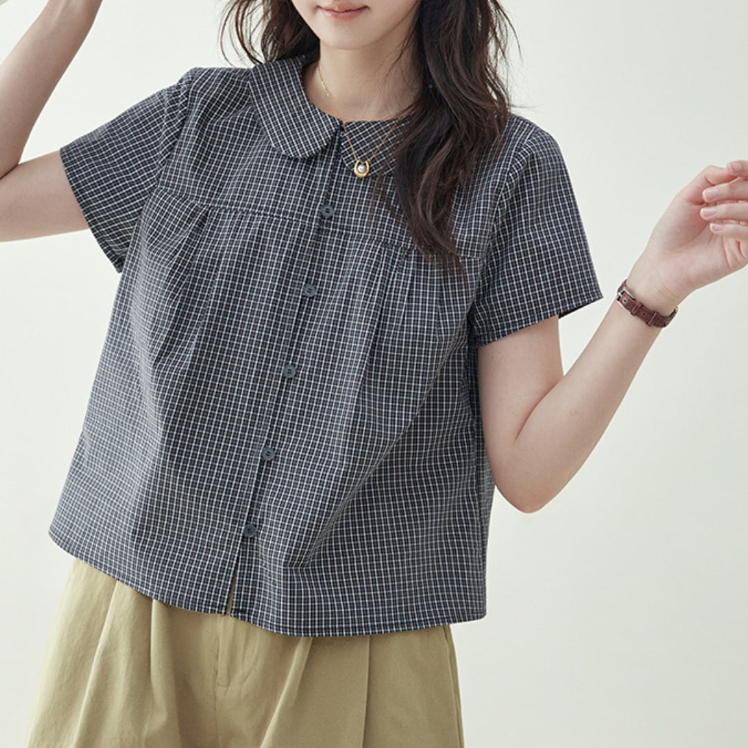 round collar plaid short blouse