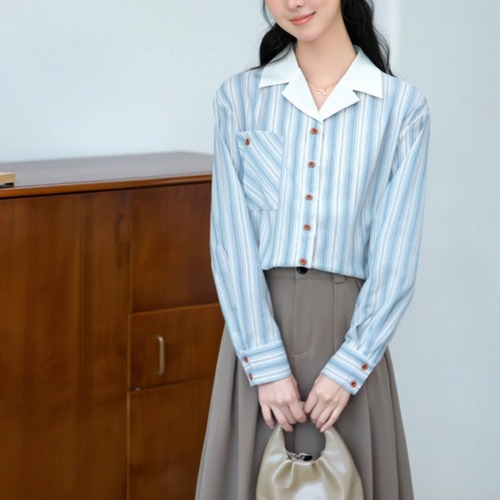 配色オープンカラーストライプシャツ ・74469