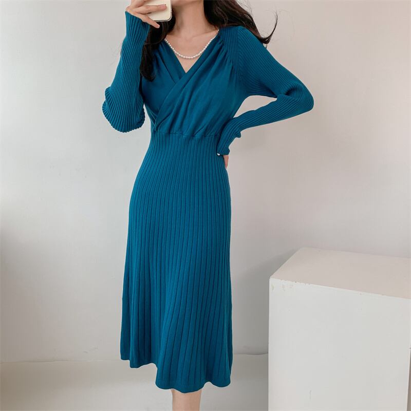 ワンピース Vネック エレガント 4色展開 ニット 長袖 無地 A ワンピース Vネック エレガント 4色展開 ニット 長袖 無地 A