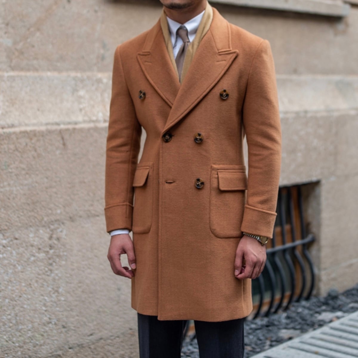 高品質＞ダブルブレストウールキャメルポロコート | Buona Vita