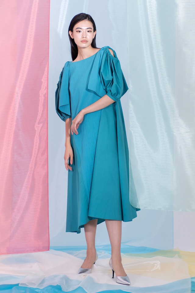 Bumpy Shoulder Ribbon Dress　TURQUOISE