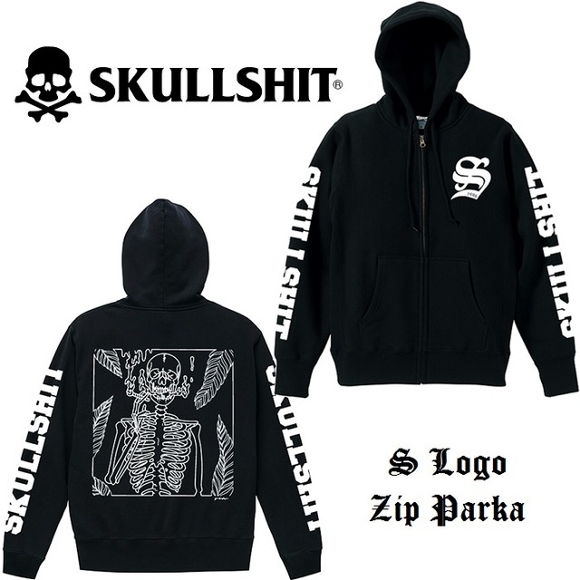 SKULLSHIT / スカルシット「S Logo Zip-Parka TYPE-B」ジップアップパーカー 袖プリント バックプリント Yuzuru Namiki 黒白 ブラック ホワイト ドクロ メンズ レディース ROCK PUNK ロック パンク バンド 骸骨祭り ギフトラッピング無料 ステージ衣装 Rogia