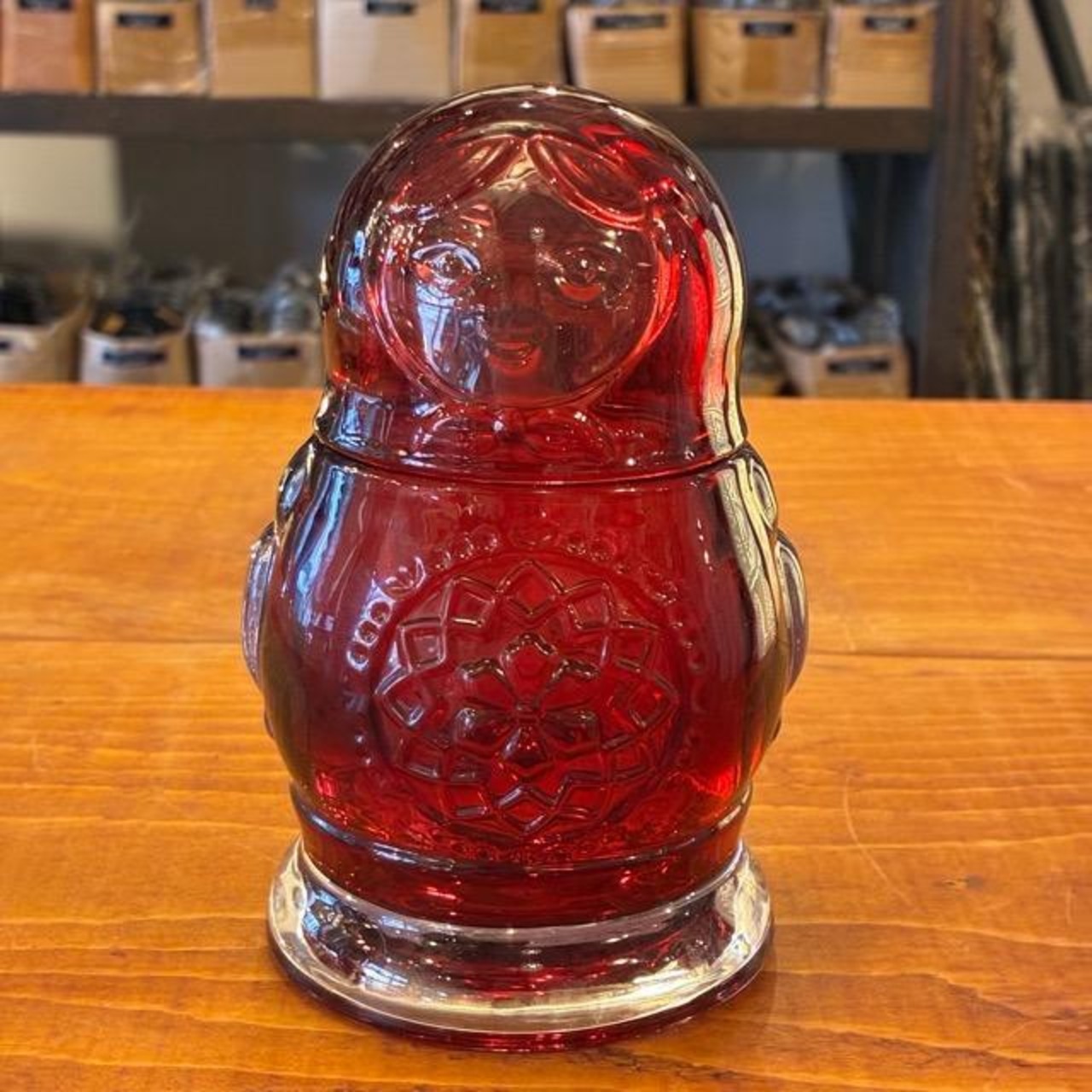 Matryoshka Jar 4 colors available: Red, Smoke, Orange, and Blue. Canister, candy container, glass jar.