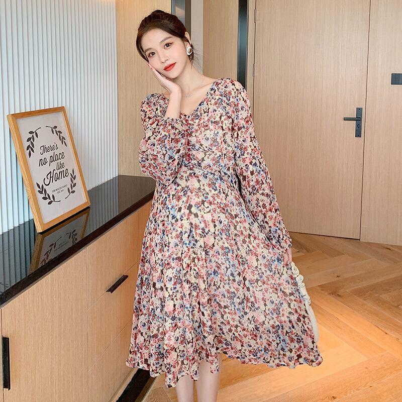 【新作】【送料無料】 6017＃マタニティ服春秋シフォン長袖イージーマッチングルーズVネックフローラルドレス妊婦ママドレス ロング スプリング 春物 オータム 秋物 花柄 AL expec363660552980