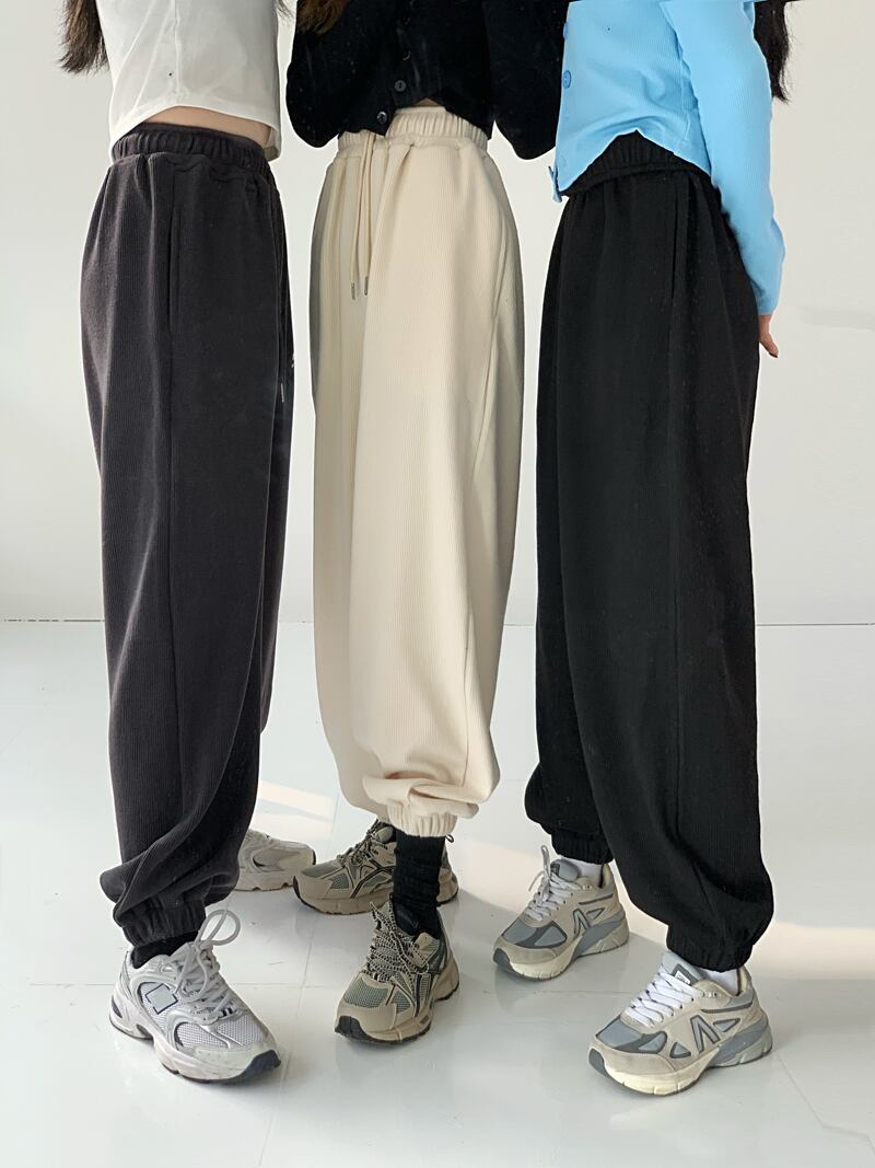 コーデュロイカジュアルパンツ レディースオータムウィンターハイウェストウェストルーズワイドレッグブラック 秋物 冬物 ワイドパンツ ブラックストロベリース2849996532