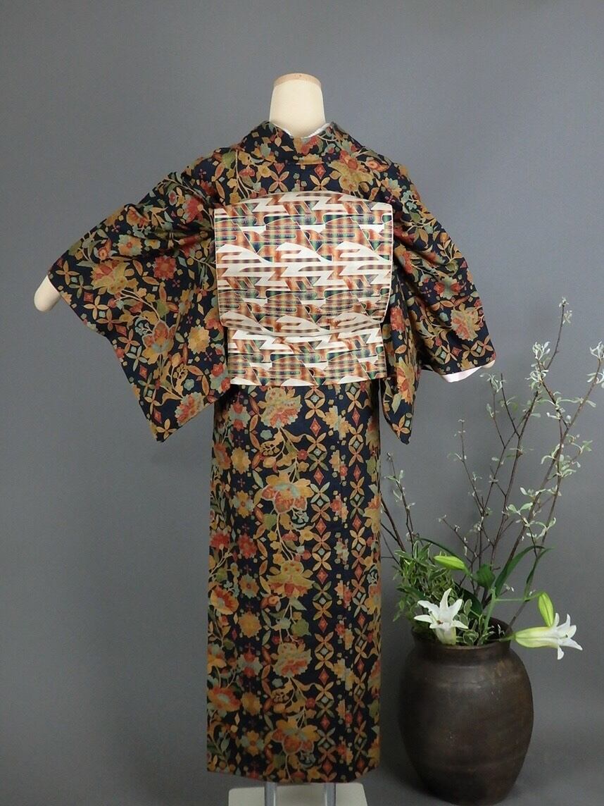 21.紺地 紡ぎ更紗小紋着物+名古屋織帯+帯締め3点セット 21.紺地 紡ぎ更紗小紋着物+名古屋織帯+帯締め3点セット
