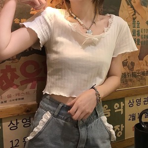 トップス Tシャツ カットソー 袖あり 半袖 細身 タイト ショート丈 ラウンドネック メロウ リボン レース 切り替え 夢かわいい プリント 伸縮性 きれいめ シンプル カジュアル クラシカル 大人 おしゃれ お洒落 大人可愛い 大人女子 こなれ感  無地 春 夏 10代 20代 30代 40代 レディース 女性用 オフィス OL 通勤 学生 通学 デート お出かけ お泊まり 休日 アウトドア 旅行 着回し 普段使い ホワイト ワンサイズ