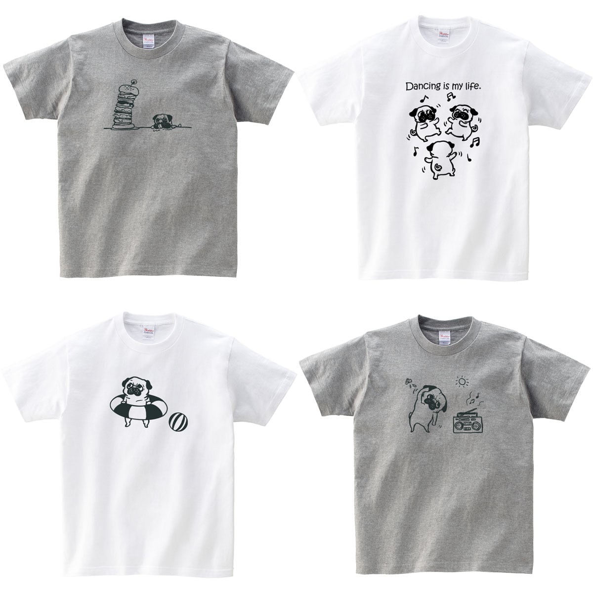 選べるデザイン パグTシャツ dog86 ブヒ 半袖・長袖  ユニーク 手描きイラスト 犬好き 犬服 イラスト