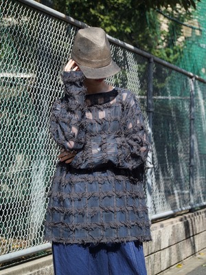 RYU　fringe checked lace pullover shirt　blue grey【ryu-s2218】