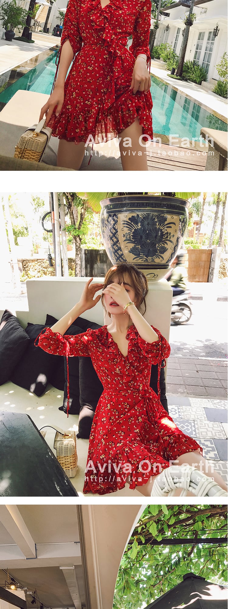 ♥花柄ギャザーハイウェストレッドフローラルワンピースドレスOP ♥花柄ギャザーハイウェストレッドフローラルワンピースドレスOP