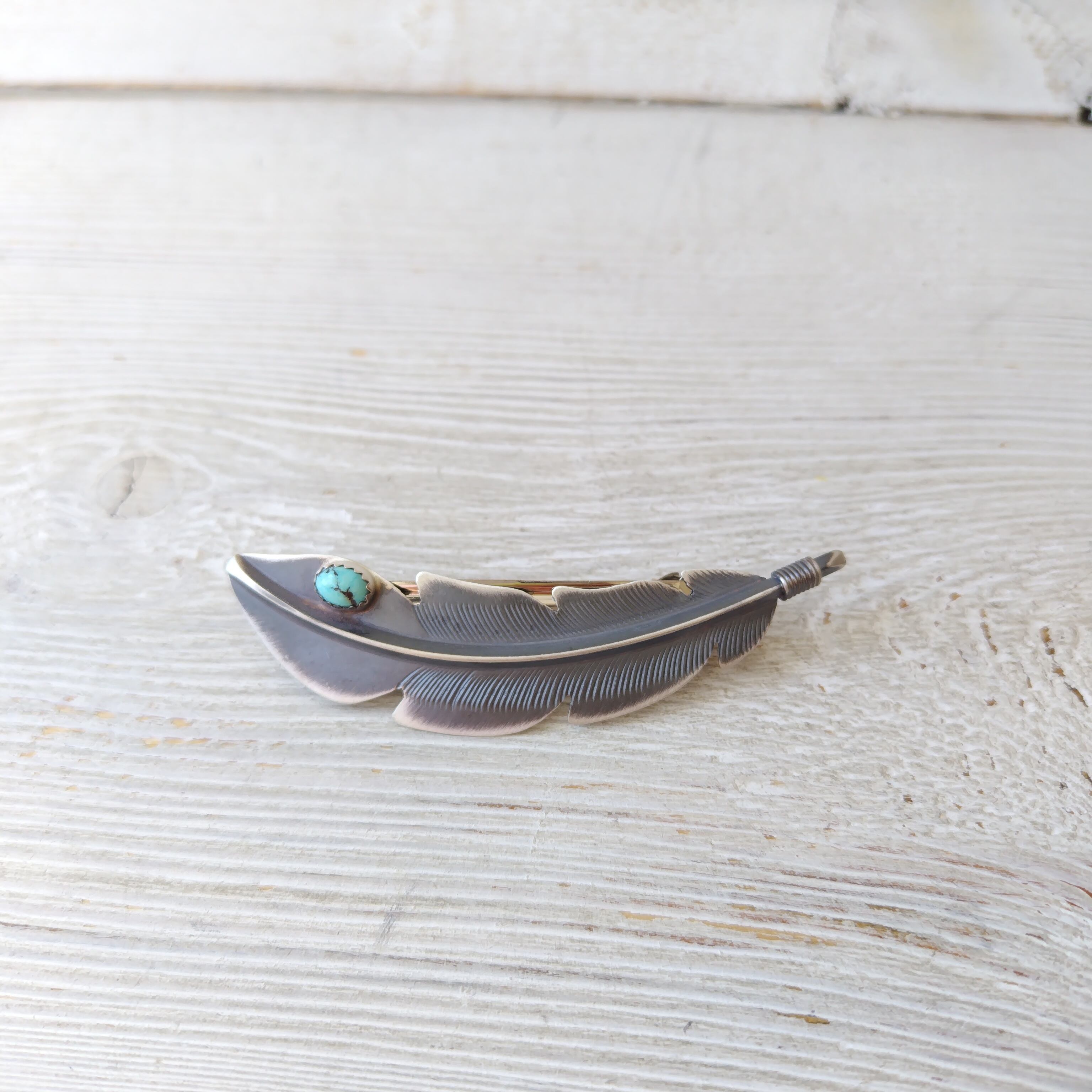 ナバホ ターコイズ フェザー ビンテージフィニッシュ シルバーバレッタ  