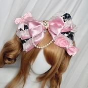 ♡ 姫GAL 黒豹柄 パールチェーン＆ビジュー リボンヘアクリップ pink ♡