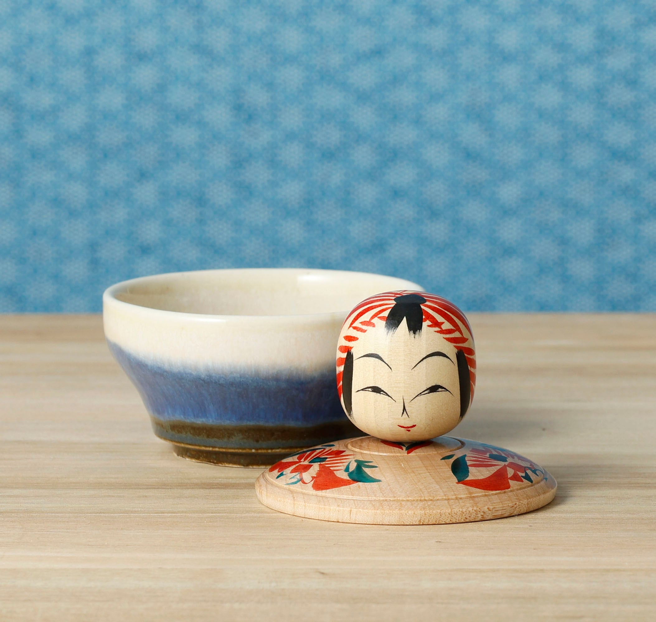 こけし蓋と陶器の小物入れ】遠刈田系 早坂政弘工人 7cm | Kokeshi lid