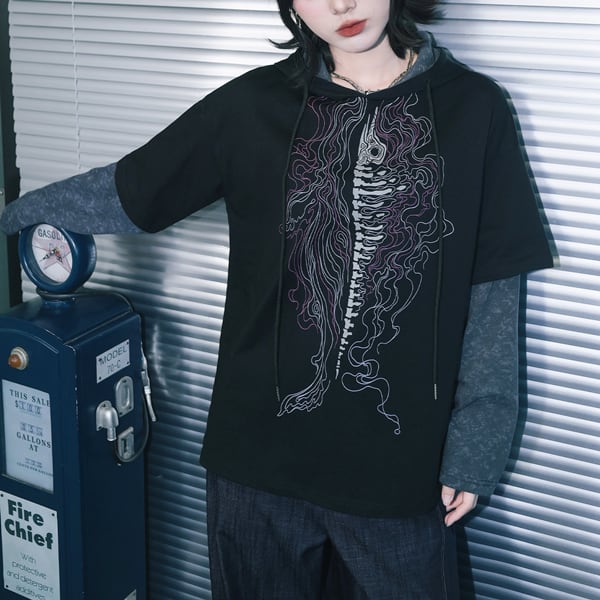 ボーングラフィックレイヤードフーディーTシャツ(ruf_03194)