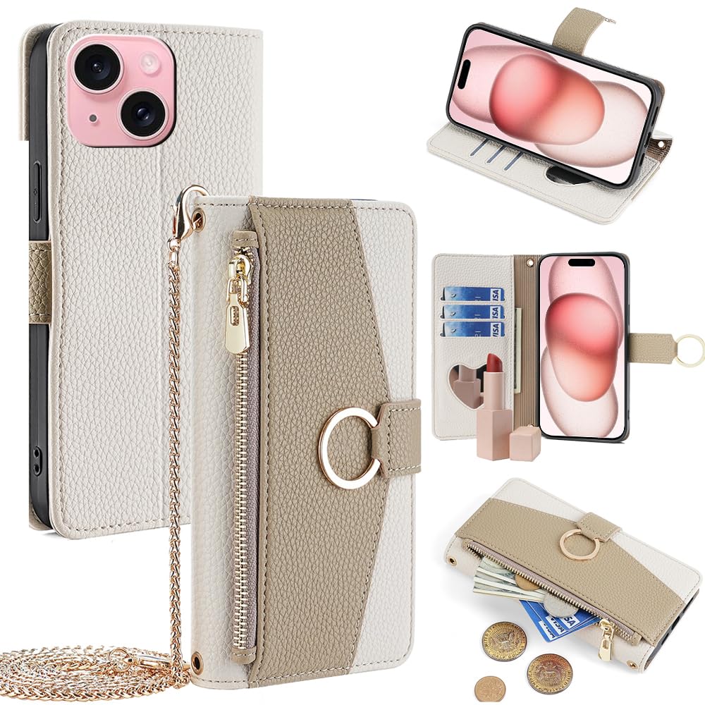 TOO&SOO 対応 いphone15 ケース アイフォン15 ケース ショルダー ストラップ付き iphone15ケース手帳型 ミラー付き スタンド機能 カード収納 耐衝撃 スマホケース 手帳型 iphone15 肩掛け おしゃれ 女性 柔らかいTPU あいふおん15ケース手帳型 適応 6.1 インチ - オフホワイト
