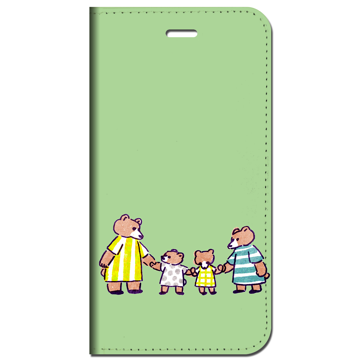 iPhone対応 スマホ 手帳型ケース くまの家族 ライムグリーン イラスト キュート 動物 【iPhone17 / iPhone16 / iPhone16e / iPhoneSE 他 iPhone各機種対応】 st63