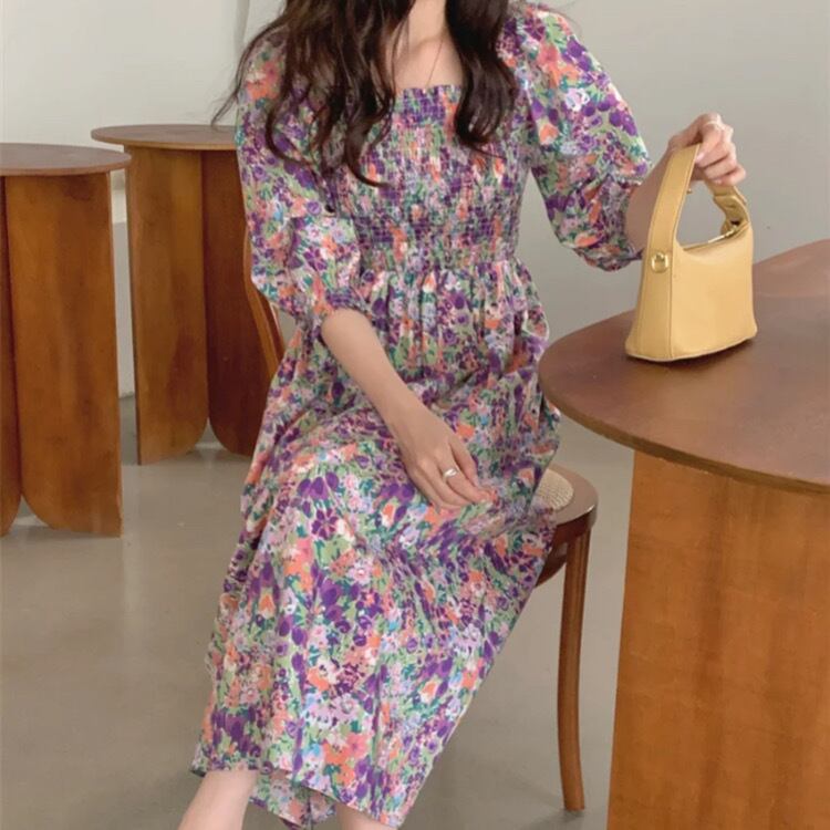 シャーリングチェストフラワーワンピース3461