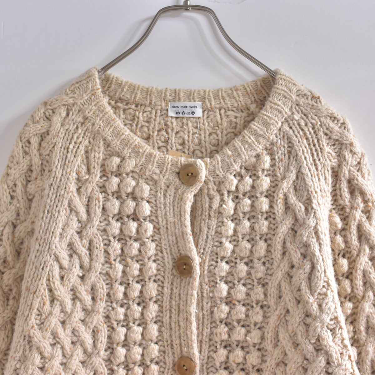 Unknown アラン模様 ネップウール フィッシャーマン ニット カーディガン ケーブル編み セーター ベージュ ピュアウール レディースL~XL相当