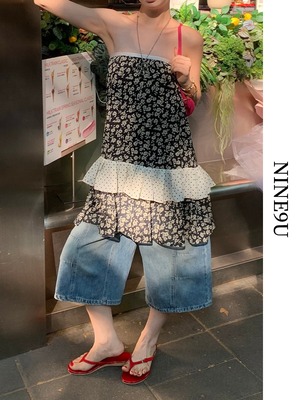 2way flowr dot long lace frill tops 2color【NINE9440】