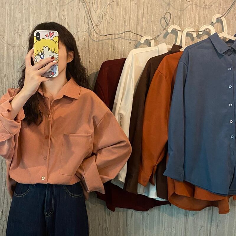 スタンダードブラウス スプリングスタイルコーデュロイシャツ ロング レトロ 春物 試着室8390267112