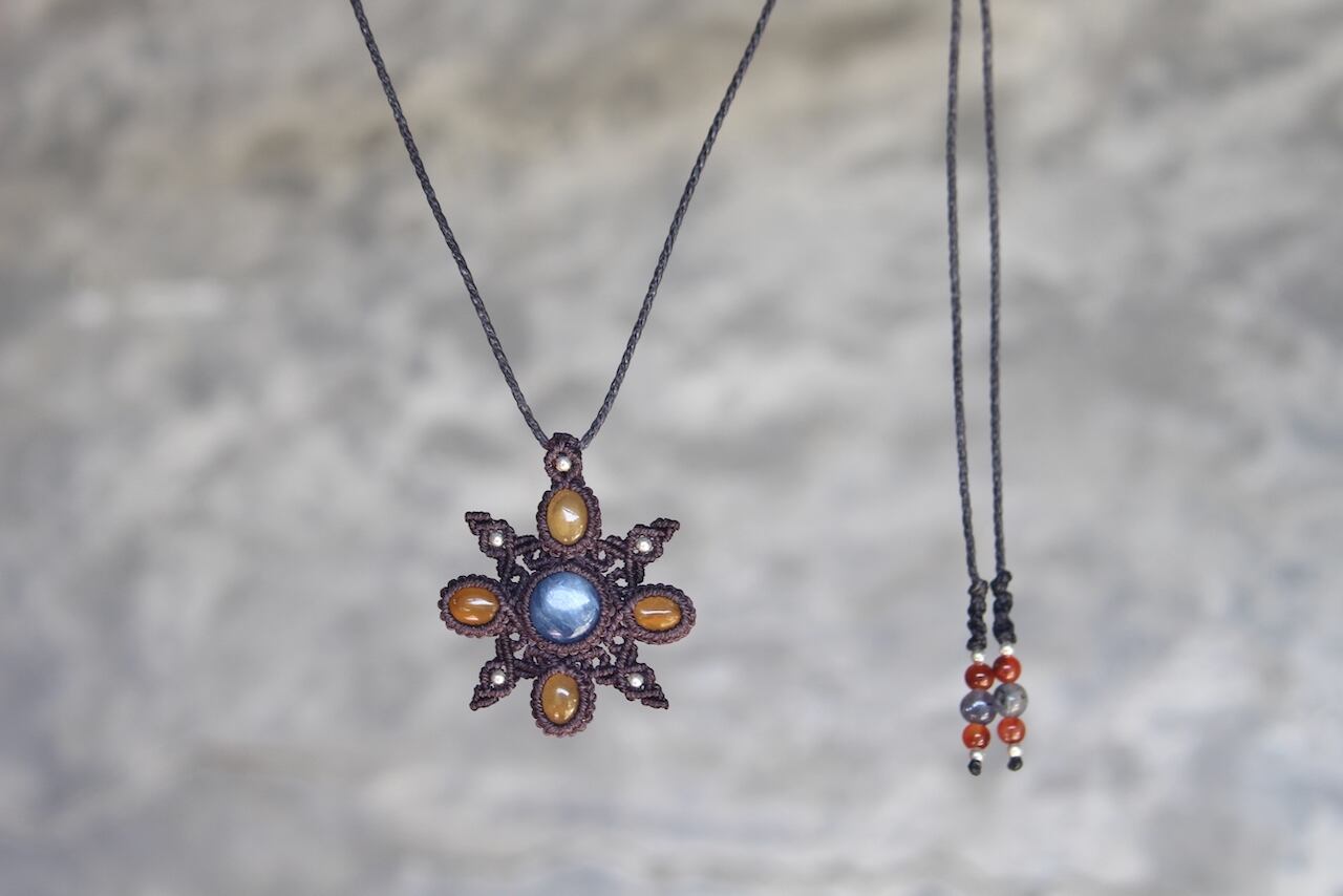 Kyanite & Hessonite Garnet micro macrame mandala pendant